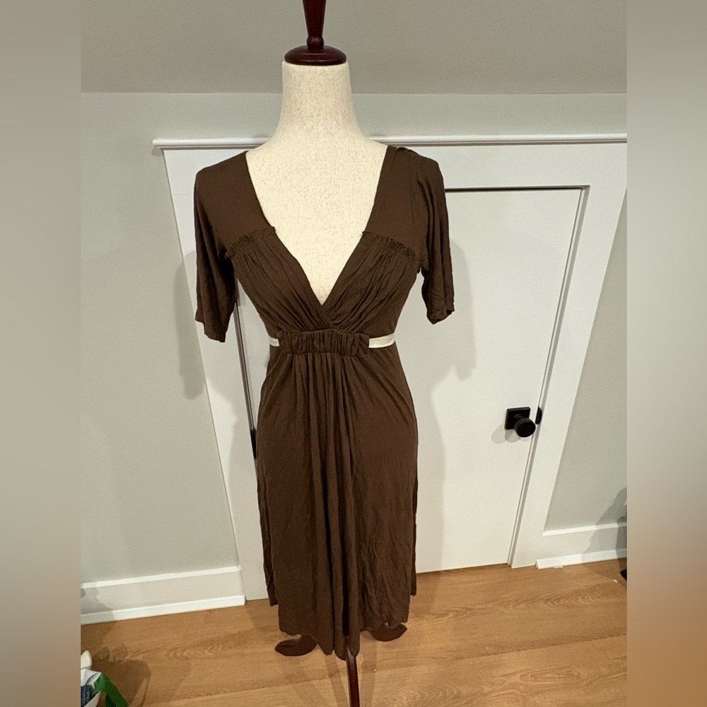 BCBGMaxAzria Brown Deep V-Neck Midi Dress